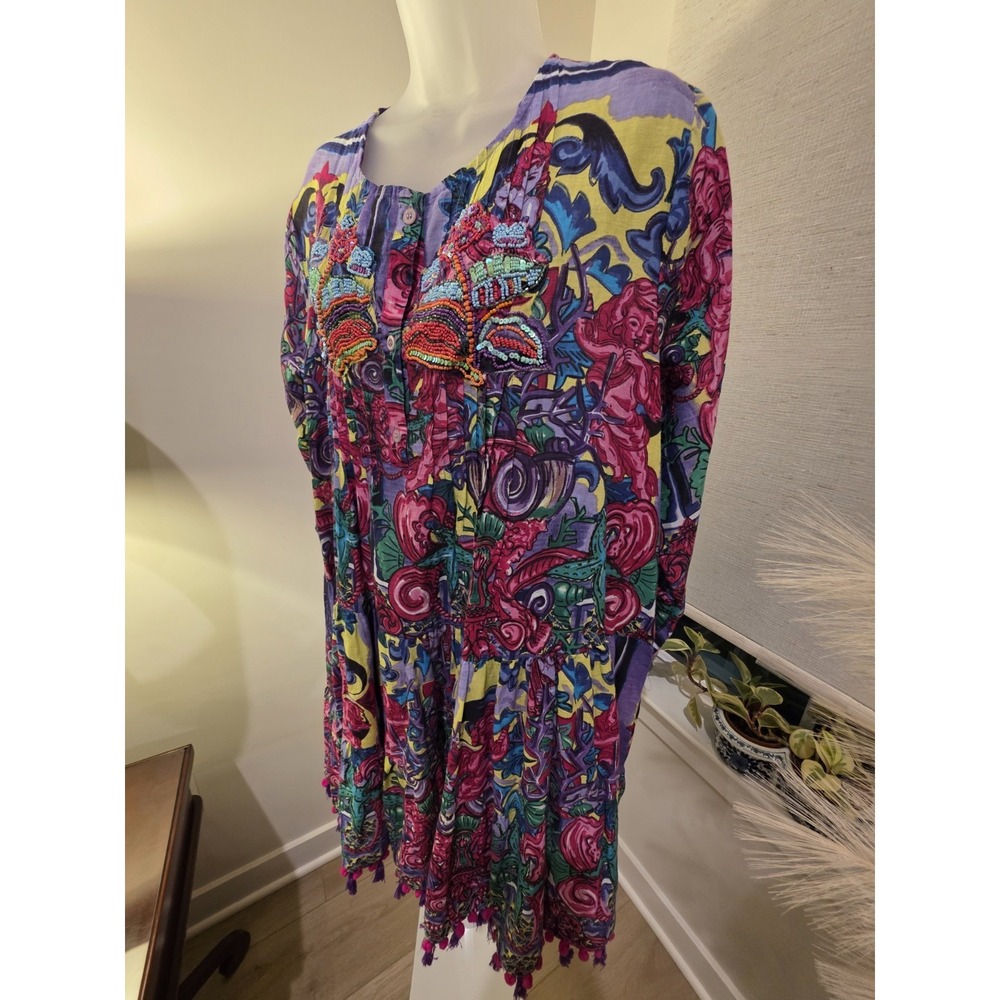 ANTICA SARTORIA NWT PURPLE PINK & YELLOW CHERUB PRINT SHORT DRESS OS Resort - Picture 16 of 16